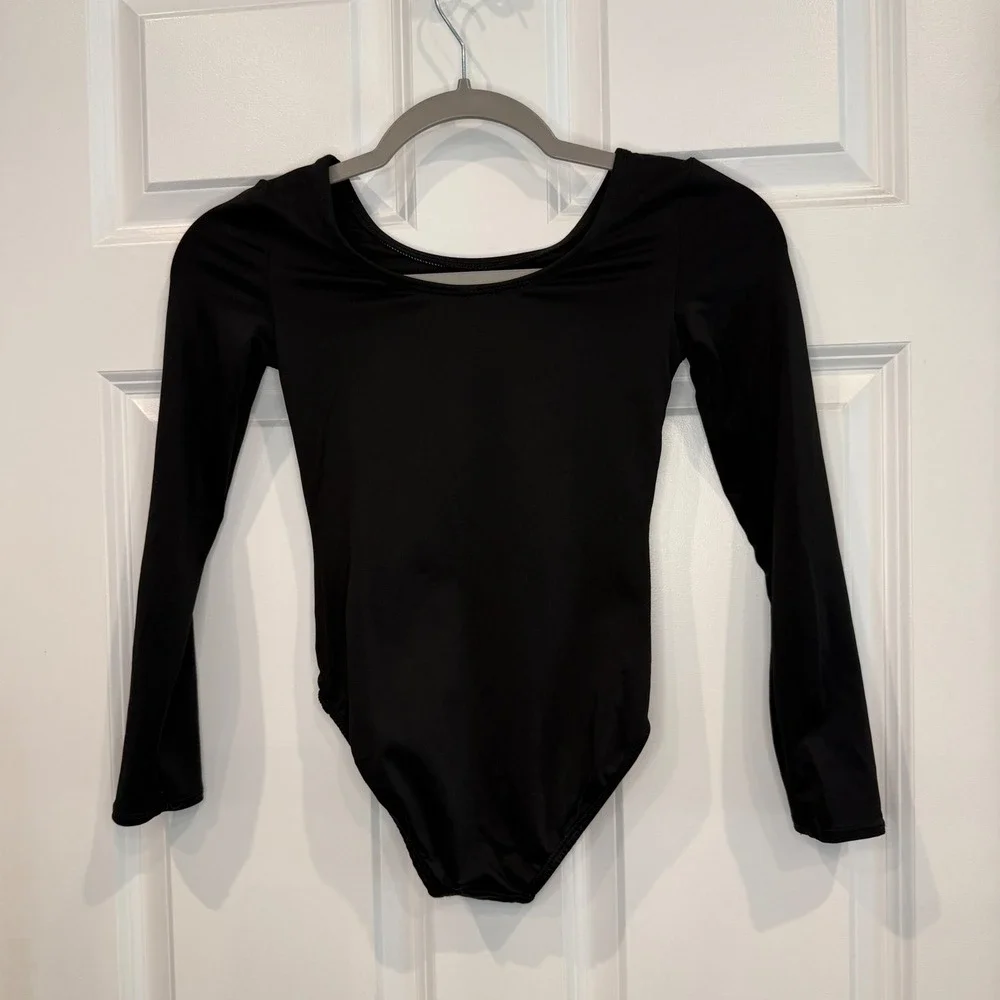 More Than Magic Girls Black Long Sleeve Gymnastics Leotard Silver Star Size 7/8